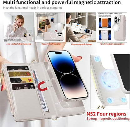 for iPhone 16 (6.1 inches) Detachable Wallet Case with Crossbody.Multi-Function 2 in 1 Magnetic Wallet Case with Card Holder.Flip Strap Zipper Phone Case with Shoulder Straps