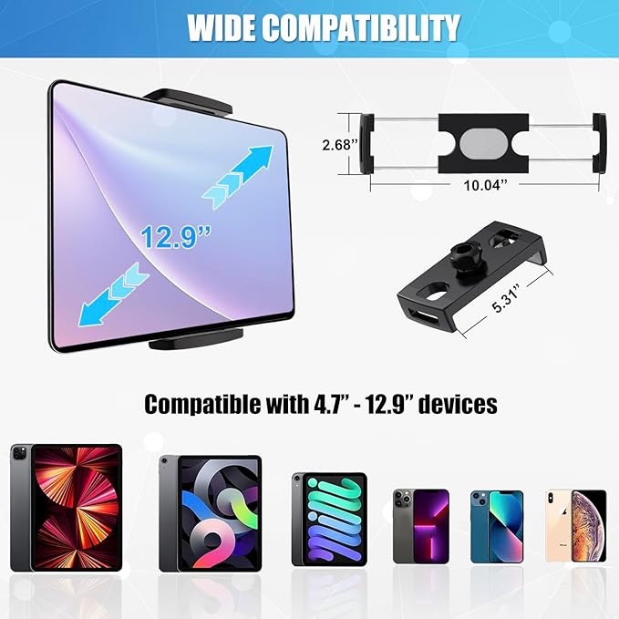 Mic Stand Tablet Holder, 360° Swivel iPad Mic Stand Holder Phone iPad Holder for Mic Stand/ Treadmill/ Spin Bike/ Peloton Exercise Bike Handlebar Mount, Fits 4-12.9" iPad, iPhone, Android Smartphones
