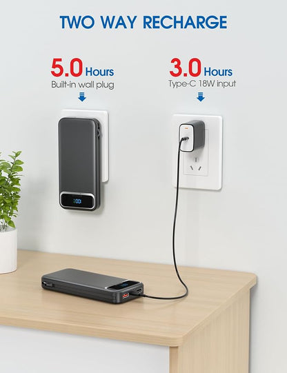 Nusyddy Portable Charger 12000mAh 22.5W w/Built-in Cables & Wall Plug Black | 22.5W Fast Charging, LED Display, Pass Through Charging, TSA Approved, Portable & Slim, Power Bank for iPhone, iPad, Samsung