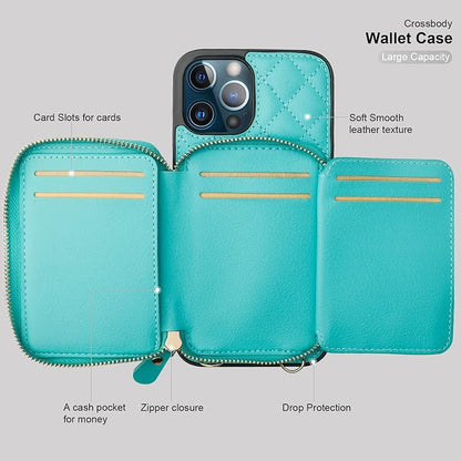 Bocasal Crossbody Wallet Case for iPhone 13 Pro Max, RFID Blocking PU Leather Zipper Handbag Purse Flip Cover, Kickstand Folio Case with Card Slots Holder Wrist Strap Lanyard 5G 6.7 Inch (Mint Green)