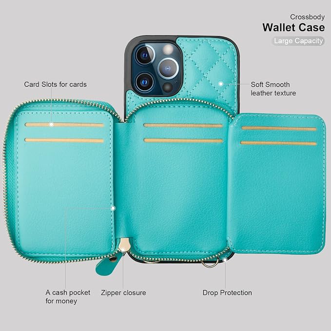 Bocasal Crossbody Wallet Case for iPhone 12 Pro Max, RFID Blocking PU Leather Zipper Handbag Purse Flip Cover, Kickstand Folio Case with Card Slots Holder Wrist Strap Lanyard 5G 6.7 Inch (Mint Green)