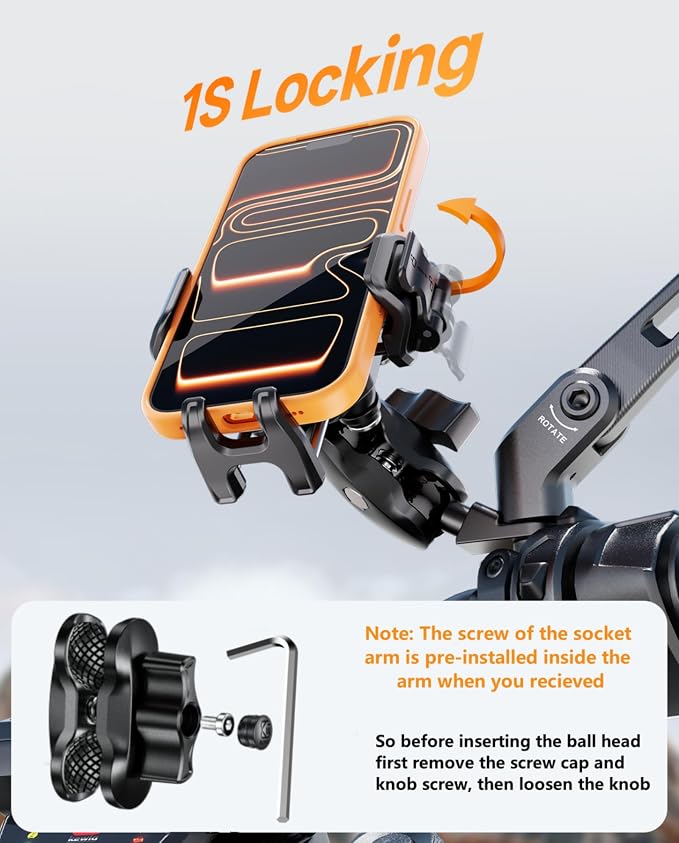 Kewig Motorcycle Phone Mount with Vibration Dampener [Anti-Theft] [Camera Friendly] Aluminum Alloy Rear-View Cellphone Holder for Motorcycle, Adjustable Size Fit 5.4-7.2" Smartphone
