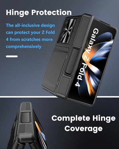 Viaotaily for Galaxy Z Fold 4 Case with Card Holder & Kickstand & Screen Protector, [2023 Upgrade] Slide Camera Lens Cover & Hinge Protection Wallet Phone Case for Galaxy Z Fold 4 2022, Black