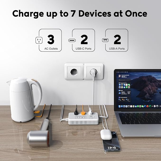 Mapambo 2000W 220V to 110V Converter for Hair Dryer, Voltage Converter US to Europe, Converter for European Travel with Type G C I L, Universal Travel Adapter with 2 USB-C 2 USB-A (Gray)