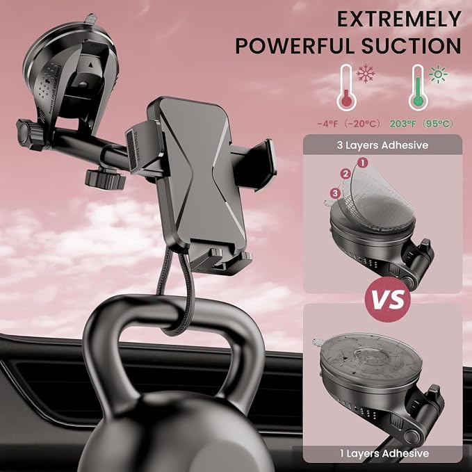 Universal Car Phone Mount Holder [3-in-1 Suction Cup] for Dashboard Windshield Air Vent, Military-Grade Adhesive Phone Car Mount, One Hand Release for iPhone Samsung Android Smartphones