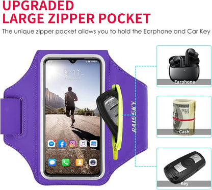 Running Armband with Earphone Bag Cell Phone Armband for iPhone 17 16 15 Pro 14 Plus 13 11 XR, Galaxy S24/S10 Water Resistant Sports Phone Holder Case & Zipper Slot Car Key Holder for 6.7 inch Phone