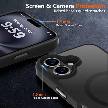 MOCCA Strong Magnetic for iPhone 16 Case, [Compatible with Magsafe][16FT Mil-Grade Drop Protection] Slim Thin Translucent Matte Protective Cover Case for iPhone 16 Phone Case 6.1", Black