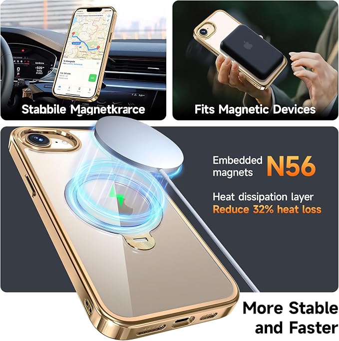 [Tri-Shield Protection] for iPhone 17e/16e Case with 360° Spin Stand Compatible with MagSafe [Magnetic CD Ring] [Screen & Camera Lens Protector] Shockproof Plating Never-Yellowing, Gold-6.1"