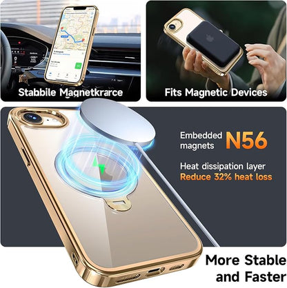 [Tri-Shield Protection] for iPhone 17e/16e Case with 360° Spin Stand Compatible with MagSafe [Magnetic CD Ring] [Screen & Camera Lens Protector] Shockproof Plating Never-Yellowing, Gold-6.1"