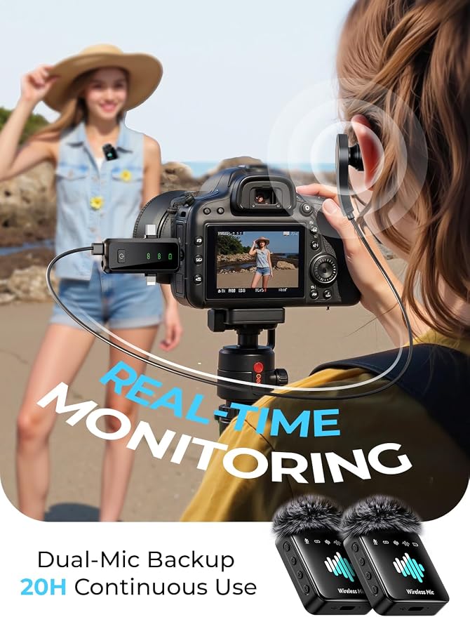 3-in-1 Mini Microphone for iPhone: Wireless Lavalier Microphone with 80ft Range & 15H Battery - Noise Reduction Lapel Mic, Real-Time Monitoring for Video Recording, Vlog,Light Black