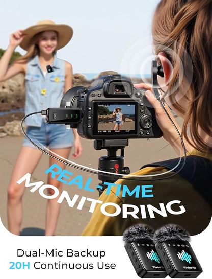 3-in-1 Mini Microphone for iPhone: Wireless Lavalier Microphone with 80ft Range & 15H Battery - Noise Reduction Lapel Mic, Real-Time Monitoring for Video Recording, Vlog,Light Black