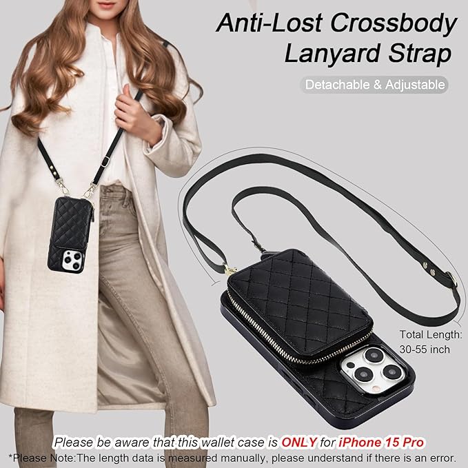 Bocasal Crossbody Wallet Case for iPhone 15 Pro, RFID Blocking PU Leather Zipper Handbag Purse Flip Cover, Kickstand Folio Case with Card Slots Holder Wrist Strap Lanyard 5G 6.1 Inch (Black)