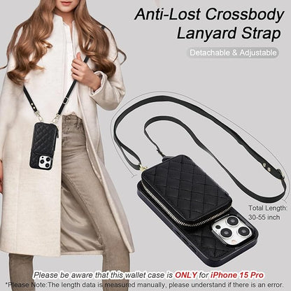 Bocasal Crossbody Wallet Case for iPhone 15 Pro, RFID Blocking PU Leather Zipper Handbag Purse Flip Cover, Kickstand Folio Case with Card Slots Holder Wrist Strap Lanyard 5G 6.1 Inch (Black)