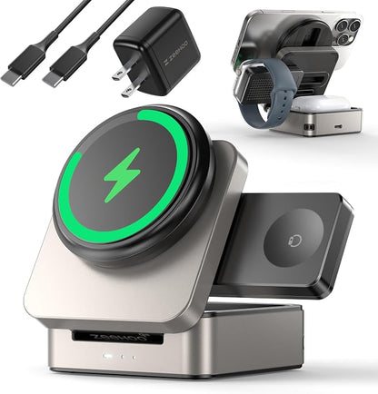 ZEEHOO 3-in-1 Foldable Magnetic Wireless Charging Station, Qi2 Certified 15W Travel Charger Stand Dock Wireless Charger for iPhone 17/16/15/14/13/12 Series, Apple Watch, AirPods (30W Adapter Included)