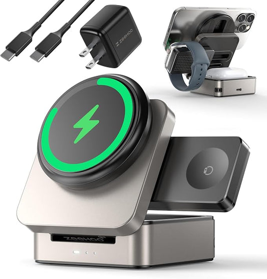ZEEHOO 3-in-1 Foldable Magnetic Wireless Charging Station, Qi2 Certified 15W Travel Charger Stand Dock Wireless Charger for iPhone 17/16/15/14/13/12 Series, Apple Watch, AirPods (30W Adapter Included)