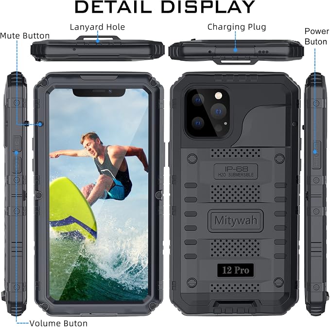 Mitywah Waterproof Case for iPhone 12 Pro, Heavy Duty Shockproof Case with Built-in Screen Protector, Full Body Underwater Protective Metal Case 6.1 inch, Black