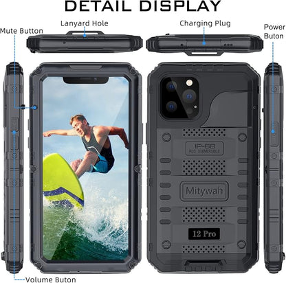Mitywah Waterproof Case for iPhone 12 Pro, Heavy Duty Shockproof Case with Built-in Screen Protector, Full Body Underwater Protective Metal Case 6.1 inch, Black