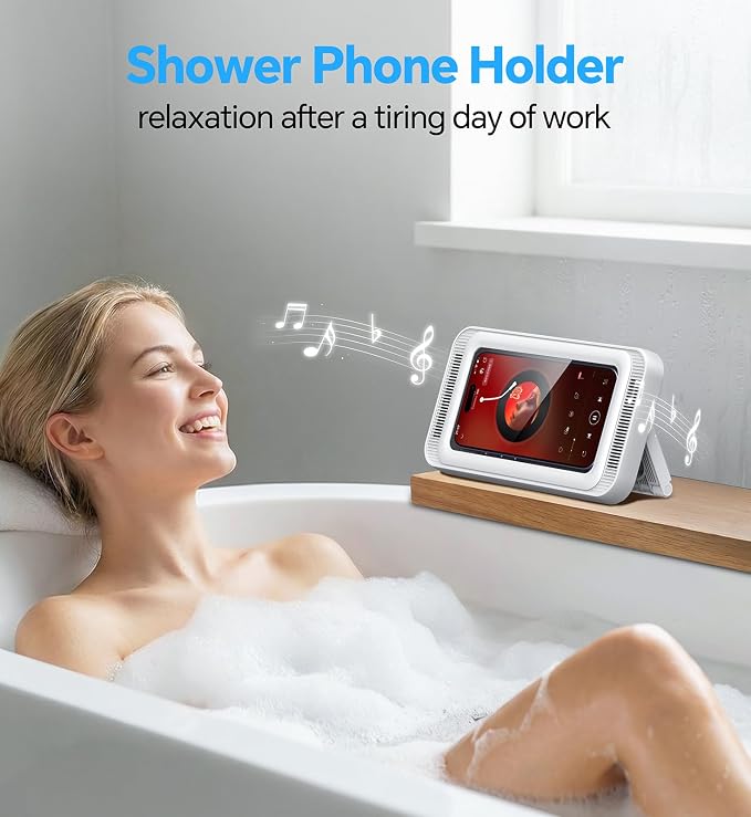 Coolpow Shower Phone Holder Waterproof with Speaker, Waterproof Phone Holder for Shower with 480° Adjustable【Enhanced Sound Quality】 HD Touch Screen Water-Proof & Anti-Fog Phone Mount for 4-7" Phones