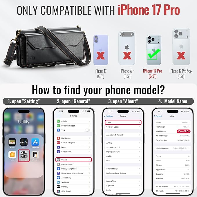 Strapurs Wallet Case Compatible with iPhone 17 Pro 6.3" RFID Blocking 9-Card Holder Soft PU Leather Magnetic Snap Shoulder Strap Zipper Pocket Phone Case Fit for iPhone 17 Pro for Women - Black