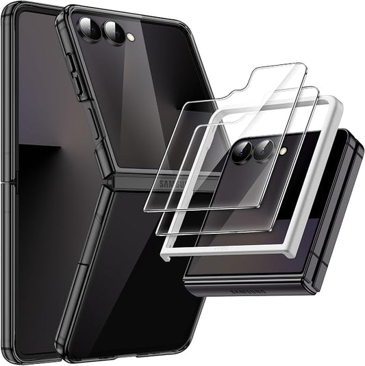 JETech 3 in 1 Case for Samsung Galaxy Z Flip 7, Black | 2 Tempered Glass Front Screen Protectors, Scratch Resistant, Crystal Transparent Hard PC Shell, Protective Phone Cover