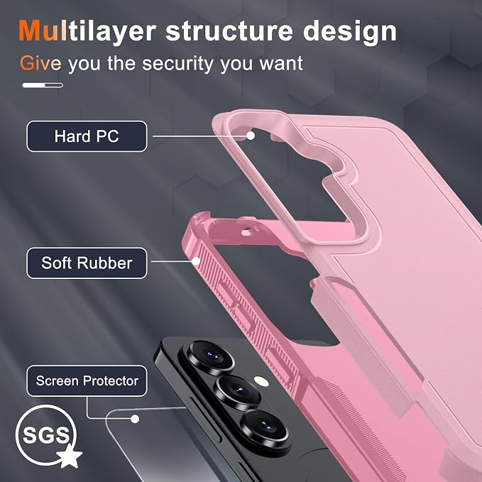 for Samsung Galaxy S26 Case with Screen Protector+Camera Lens Cover,Military Grade Heavy Duty Shockproof Phone Cover with Wrist Lanyard Strap for Samsung S26,Cute Pink