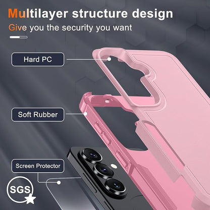for Samsung Galaxy S26 Case with Screen Protector+Camera Lens Cover,Military Grade Heavy Duty Shockproof Phone Cover with Wrist Lanyard Strap for Samsung S26,Cute Pink