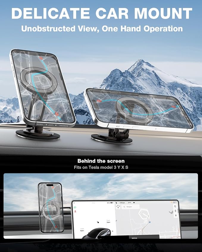 Smolink Tesla Phone Mount, All Metal Strong Magnet Magnetic Phone Holder for Car Dashborad and Tesla Model 3/Y/S/X, Foldable Hidden for MagSafe Car Mount Fit for iPhone All Phones, Grey