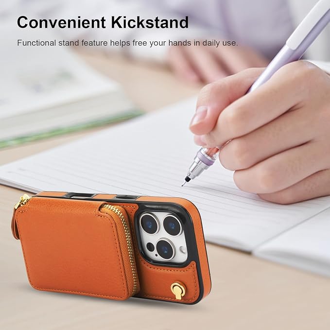 Bocasal Crossbody Wallet Case for iPhone 16 Pro, RFID Blocking Leather Purse Case with Card Holder, Protective Handbag Flip Cover with Zipper Wrist Strap Lanyard for Women 5G 6.3 Inch (Brown)