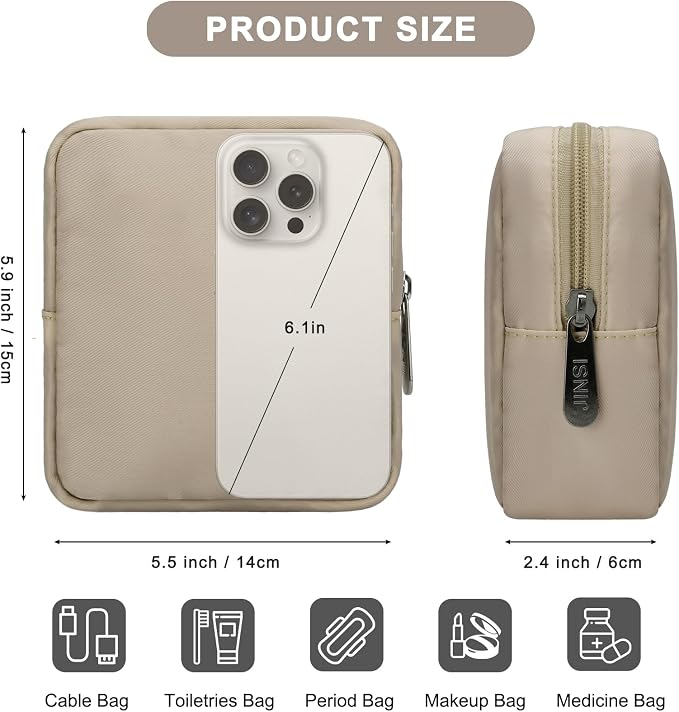 Tech Organizer Pouch, Small Multi-Pocket Electronics Case (Khaki) | Water-resistant nylon, foam padding, metal zipper, travel cable bag for charger, power bank, earbuds, SD cards and USB cables