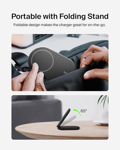 Belkin Magnetic Foldable Wireless Charging Stand 15W - MagSafe-Compatible Qi2-Certified Charger, Wireless Charging Stand for iPhone 16, Galaxy S25, & More - Standby Mode Ready w/PSU Included - Black