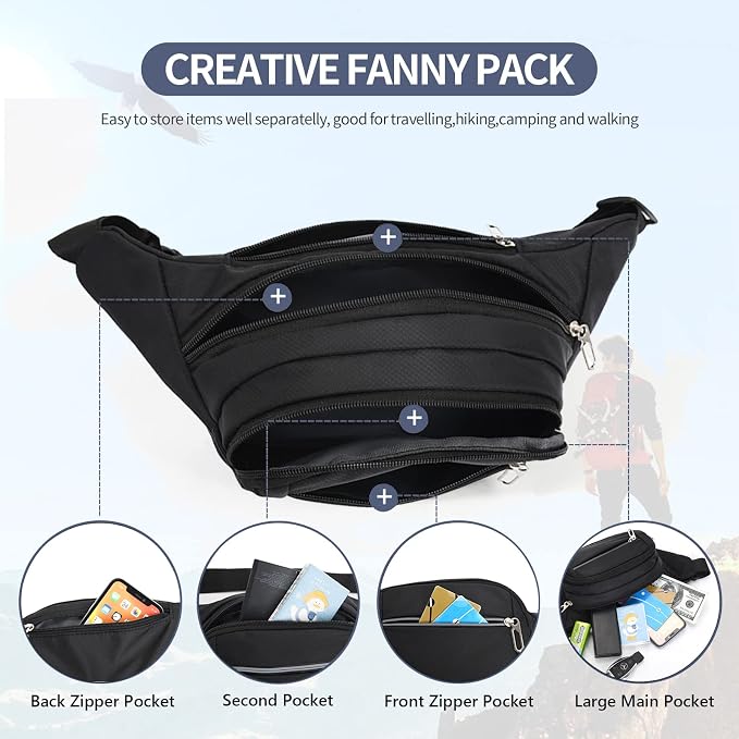 DAITET Crossbody Fanny Pack for Men&Women,Large Waist Bag & Hip Bum Bag with Adjustable Strap for Outdoors Workout Traveling Casual Running Hiking Cycling
