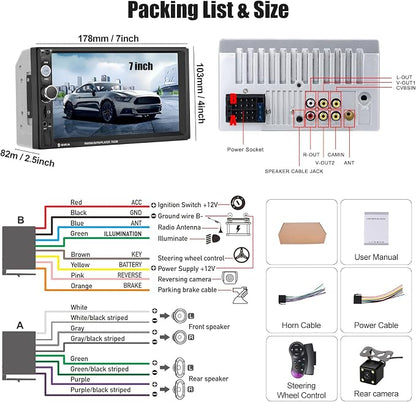 CAMECHO 7" Double Din Car Stereo Audio Bluetooth MP5 Player USB FM Multimedia Radio+ 4 LED Mini Backup Camera with Steering Wheel Remote Support Mobile Phone Synchronization (Used in Android/iOS)