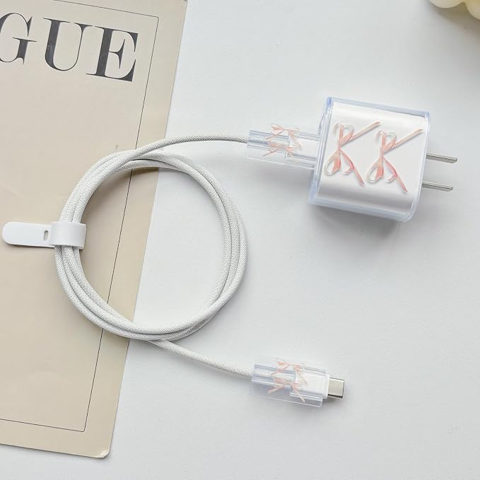 Lovmooful Compatible for iPhone 18W/20W USB-C Charger Cover Clear Lovely Bowknot Design Soft Charger Protector Cute Cable Case Saver Protector for Girls Women-Pink Bow