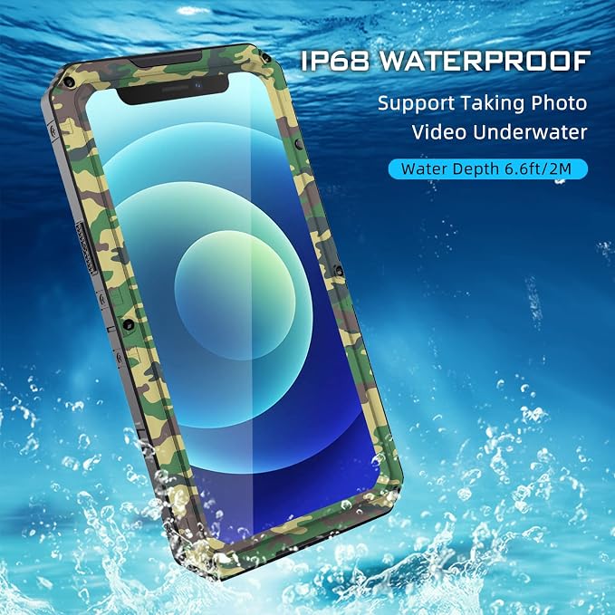 Mitywah Waterproof Case for iPhone 12, Heavy Duty Shockproof Case with Built-in Screen Protector, Full Body Underwater Protective Metal Case 6.1 inch, Camouflage