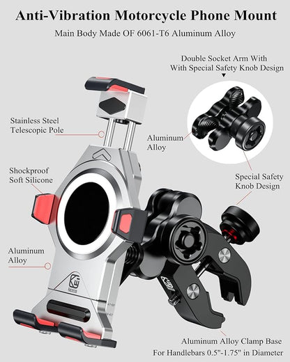 BRCOVAN Anti-Theft Aluminum Alloy Motorcycle Phone Mount Holder with Vibration Dampener & Secure Lock, Adjustable Bike Handlebar Cellphone Mount for Bicycle Scooter ATV UTV, Fit 4.7''-7.2'' Smartphone