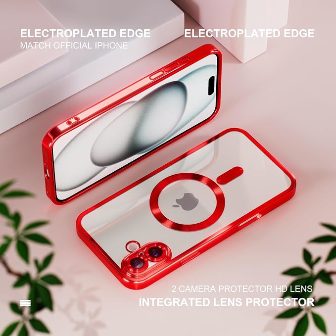 Misea Magnetic for iPhone 16 Case Compatible with MagSafe [Never Yellowing] [Military Grade Drop Protection] Full Camera Lens Protector Plating Soft Clear Phone Case for Women 6.1 inch, Red