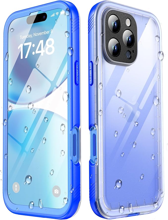SPORTLINK for iPhone 16 Pro Case Waterproof - Built in Screen Protective, IP68 Underwater /6.6FT Military Dropproof/Dustproof/Full Body Phone Case 6.3 inch Blue/Frosted Clear