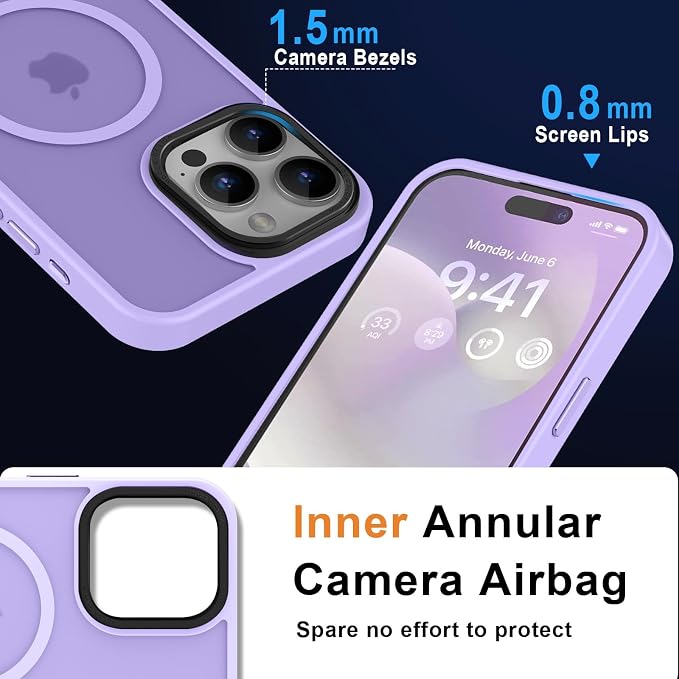 MOCCA Strong Magnetic for iPhone 15 Pro Max Case, [Compatible with Magsafe][13FT Military Drop Protection] Slim Translucent Matte Shockproof Case for iPhone 15 ProMax Case 6.7'' - Light Purple
