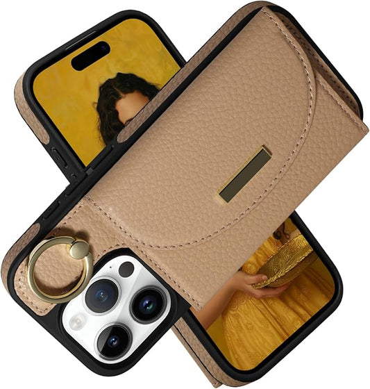 Keallce Wallet Case for iPhone 16 Pro 6.3'', Flip Case with Card Slots, Ring Holder Kickstand, PU Leather Protective Folio Cover for Women, Yellow