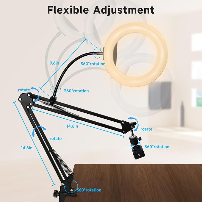 8"" RGB Ring Light with Overhead Camera Mount Overhead Phone Mount with RGB Fill Light for Articulating Arm Phone Mount for YouTube Live Stream Cooking Nail Video Recording