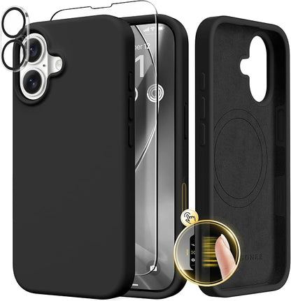 GONEZ Magnetic for iPhone 17 Case, Compatible with MagSafe, [Screen Protector + Camera Lens Protector], Liquid Silicone Anti-Scratch Shockproof Protective Phone Case 6.3 inch, Black