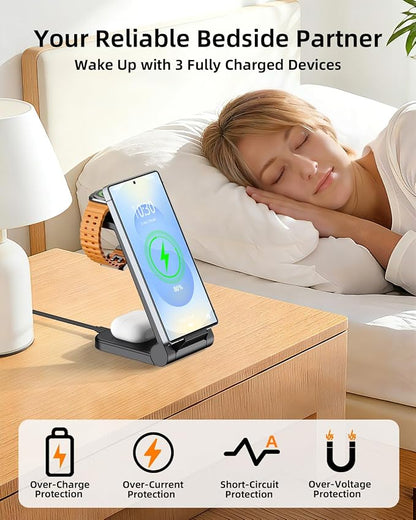 Wireless Charger for Samsung, 3 in 1 Wireless Charging Station for Samsung Galaxy Watch 8 7 6 5 4 3 Pro Classic Galaxy Buds 3/2 Pro,Charger for Samsung Galaxy S25 Ultra/S25/S24/S23/S22/S21/Note20