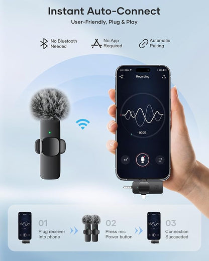 3-in-1 Wireless Lavalier Microphone for iPhone, iPad, Android, Camera - Noise-Canceling Mini Mic with 2.4G Ultra-Low Latency for Vlog, TikTok & YouTube Streaming (2 Mics)
