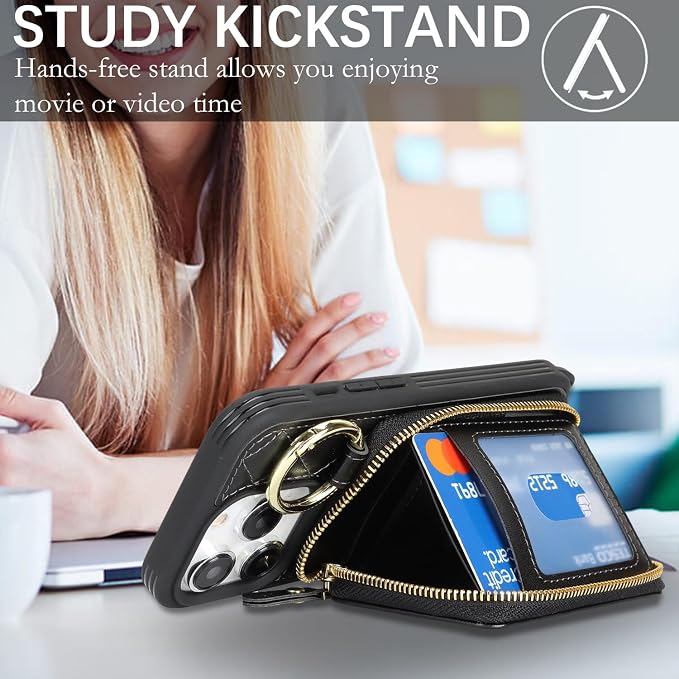 Crossbody Wallet Case for iPhone 14 Pro, PU Leather Zipper Handbag Purse Flip Cover, Kickstand Folio Case with Card Slots Holder Wrist Strap Lanyard 5G 6.1 Inch-Black