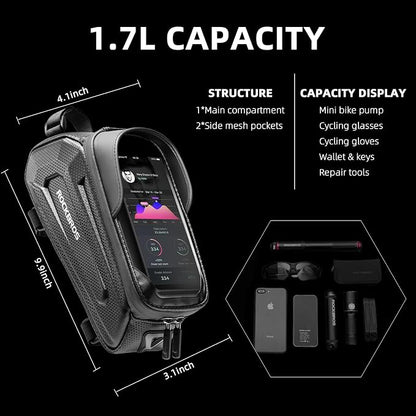ROCKBROS Bike Phone Bag Waterproof Bike Bag Phone Mount EVA Hard Shell Bike Pouch with Rain Cover Compatible with iPhone 14/12/11 Pro XR XS Max Phones Below 6.8”