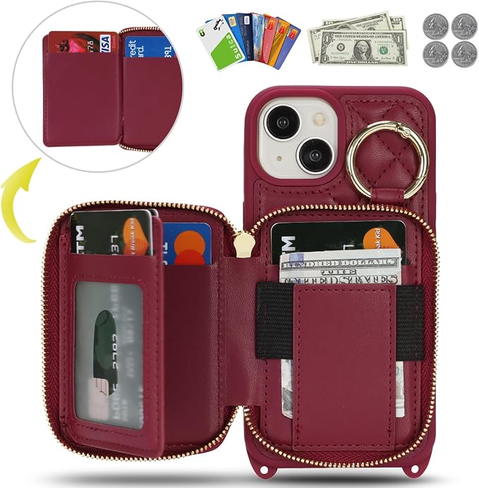 Crossbody Wallet Case for iPhone 14, PU Leather Zipper Handbag Purse Flip Cover, Kickstand Folio Case with Card Slots Holder Wrist Strap Lanyard 5G 6.1 Inch-Dark red