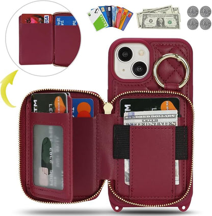 Crossbody Wallet Case for iPhone 14, PU Leather Zipper Handbag Purse Flip Cover, Kickstand Folio Case with Card Slots Holder Wrist Strap Lanyard 5G 6.1 Inch-Dark red