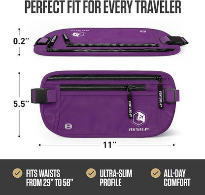 VENTURE 4TH Money Belt for Travel – Hidden Under-Clothes RFID Blocking Passport Holder & Slim Travel Wallet Pouch for Men & Women to Protect Cash, Cards & Documents (Purple)