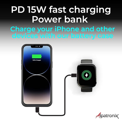 Alpatronix iPhone 15 and 15 Pro Battery Case, Strong Slim Portable Protective Extended 15W Fast Charger Case and Power Bank. iPhone 15 and 15 Pro Rechargeable Charging Pack (BX15W) – Black