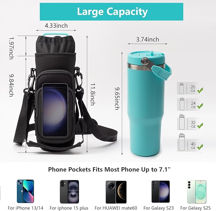 Water Bottle Carrier Bag,Water Bottle Holder with Straps Phone Pockets Fits Stanley Owala 16/24/32/40oz